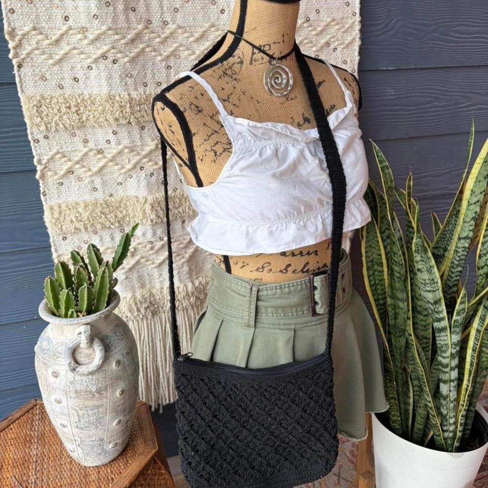 Vintage Black crochet crossbody bag with zipper closure and minimalist design